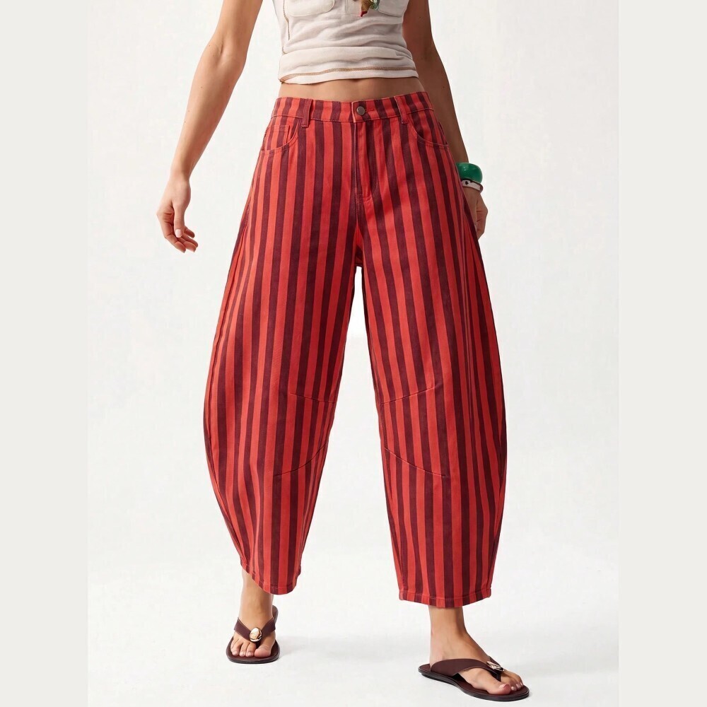Red Striped Denim Barrel Leg Jeans - Loose Fit Mid-Calf